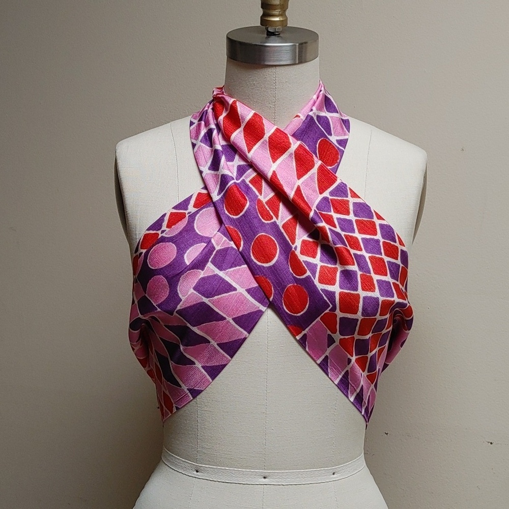 Vintage Sash Scarf Wrap in Circle Diamond Square Print Pink Purple Orange White - Picture 13 of 16
